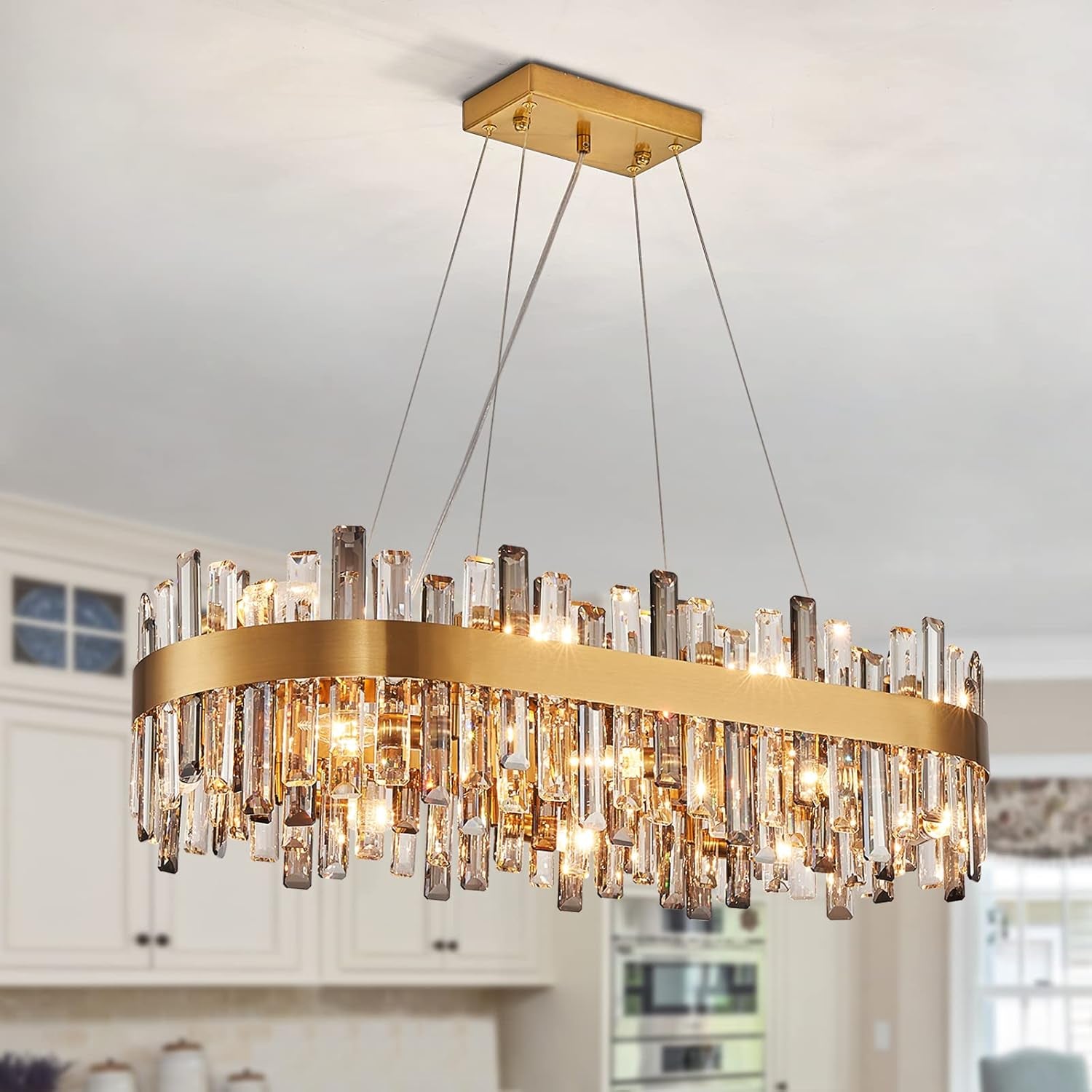 Gold 2-Tier Rectangular Crystal Chandelier 16L