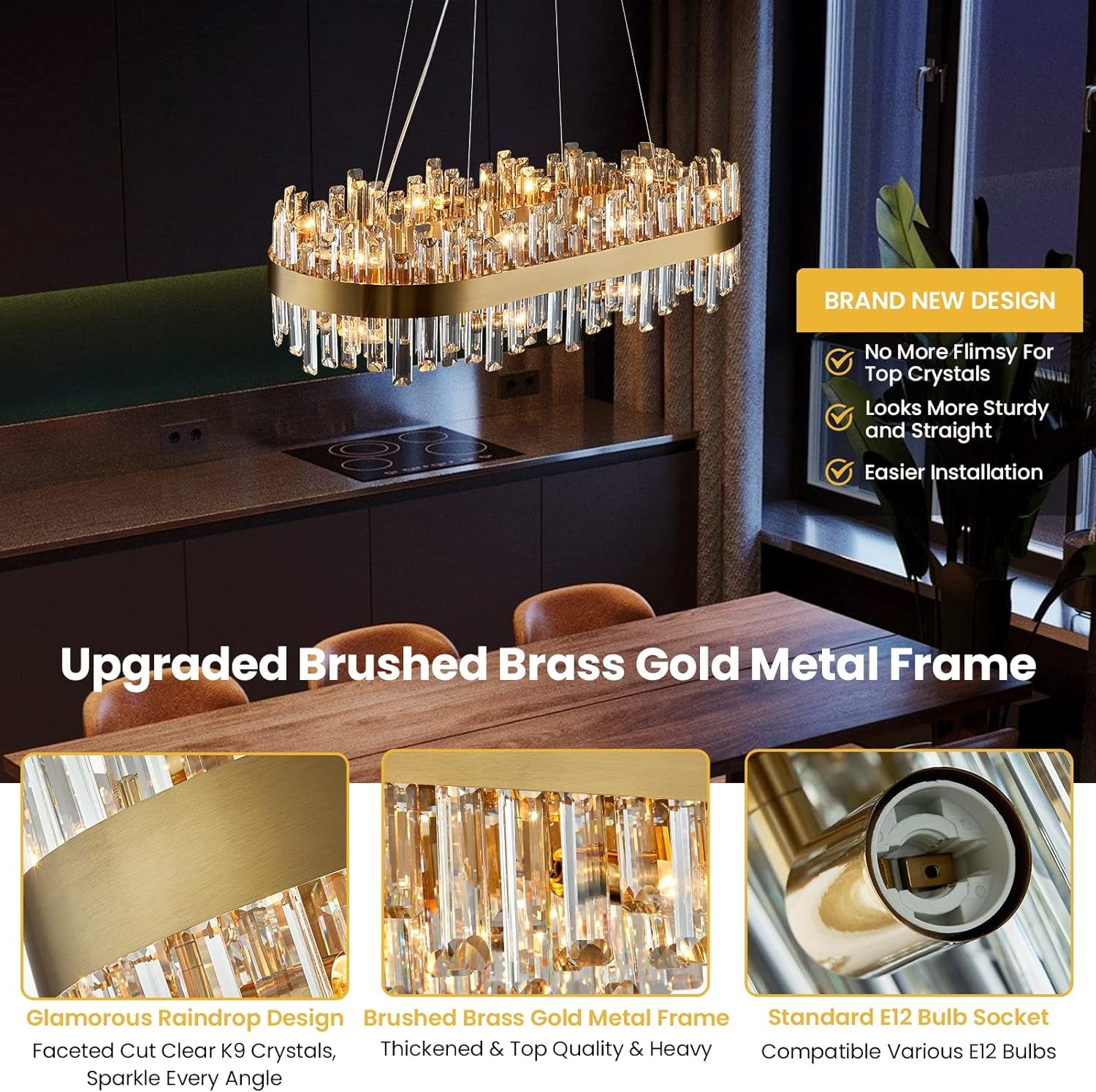 Gold 2-Tier Rectangular Crystal Chandelier 16L