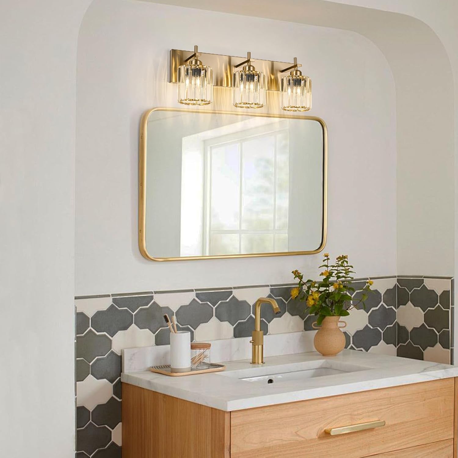 Gold Modern 3-Light Crystal Bathroom Vanity Light
