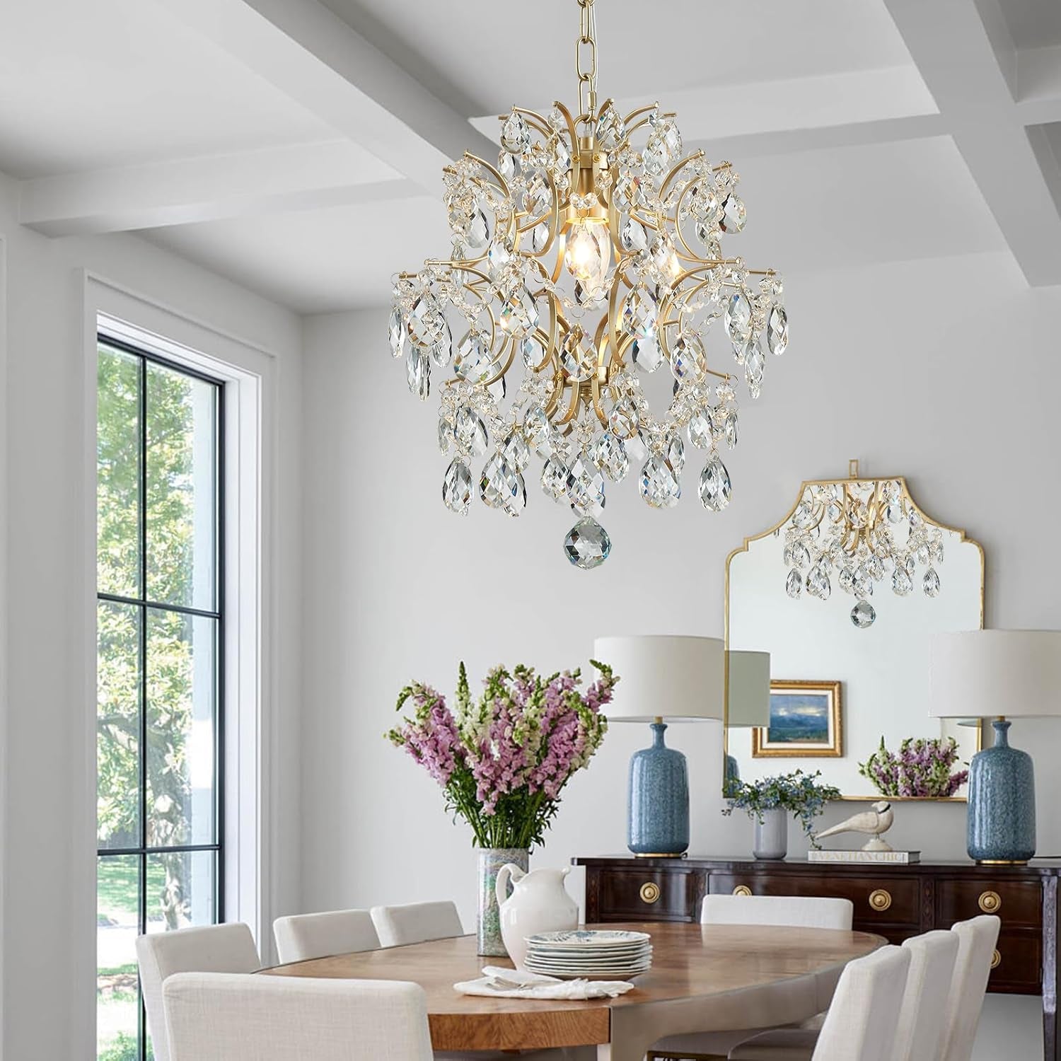 Gold Modern Pendant Chandelier Crystal Raindrop Lighting Ceiling Light Fixture Lamp for Dining Room Bathroom Bedroom Livingroom Entryway 1 E26 Bulbs Required D13 in X H16 In