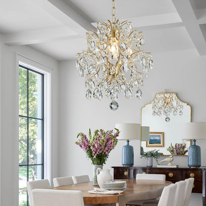 Gold Modern Pendant Chandelier Crystal Raindrop Lighting Ceiling Light Fixture Lamp for Dining Room Bathroom Bedroom Livingroom Entryway 1 E26 Bulbs Required D13 in X H16 In