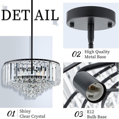 3-Light Modern Black K9 Crystal Chandelier – 5-Tier Round Pendant
