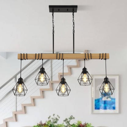 5-Light Farmhouse Chandelier – Wood & Black Frame