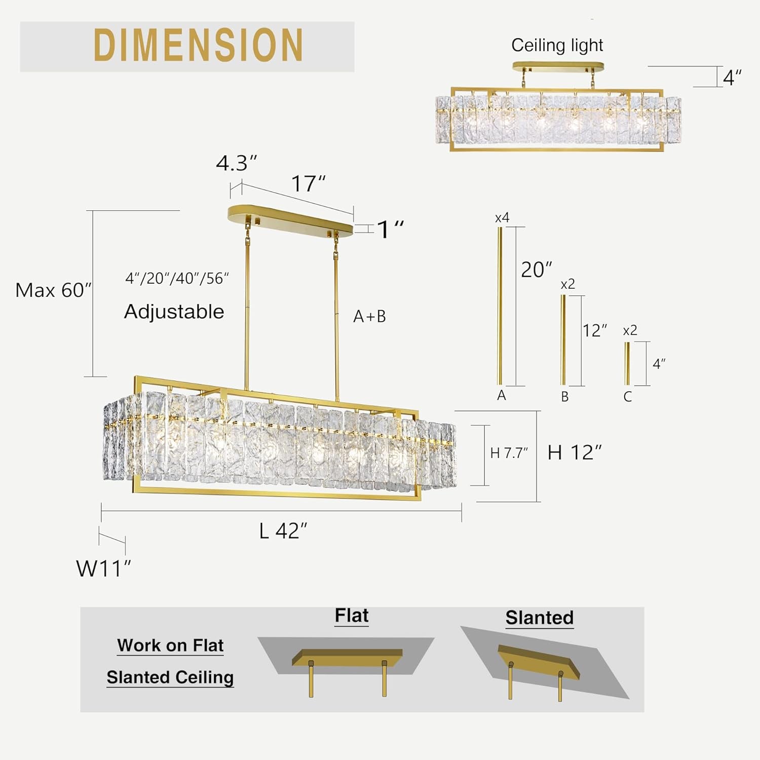 Modern Rectangle Gold Crystal Chandeliers for Dining Room, 42" Large Rectangular Water Ripple Glass Island Light Fixture, Elegant Linear Lighting for Kitchen Island, Living Room, L42 X W11 X H12