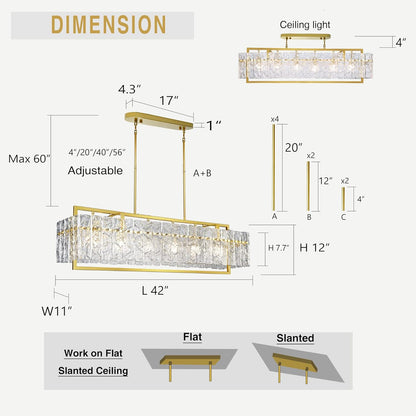 Modern Rectangle Gold Crystal Chandeliers for Dining Room, 42" Large Rectangular Water Ripple Glass Island Light Fixture, Elegant Linear Lighting for Kitchen Island, Living Room, L42 X W11 X H12
