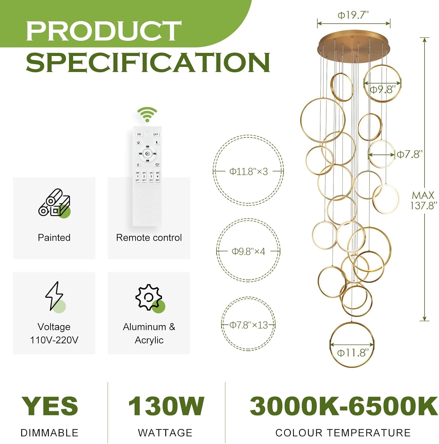 20-Ring Modern LED Gold Foyer Chandelier