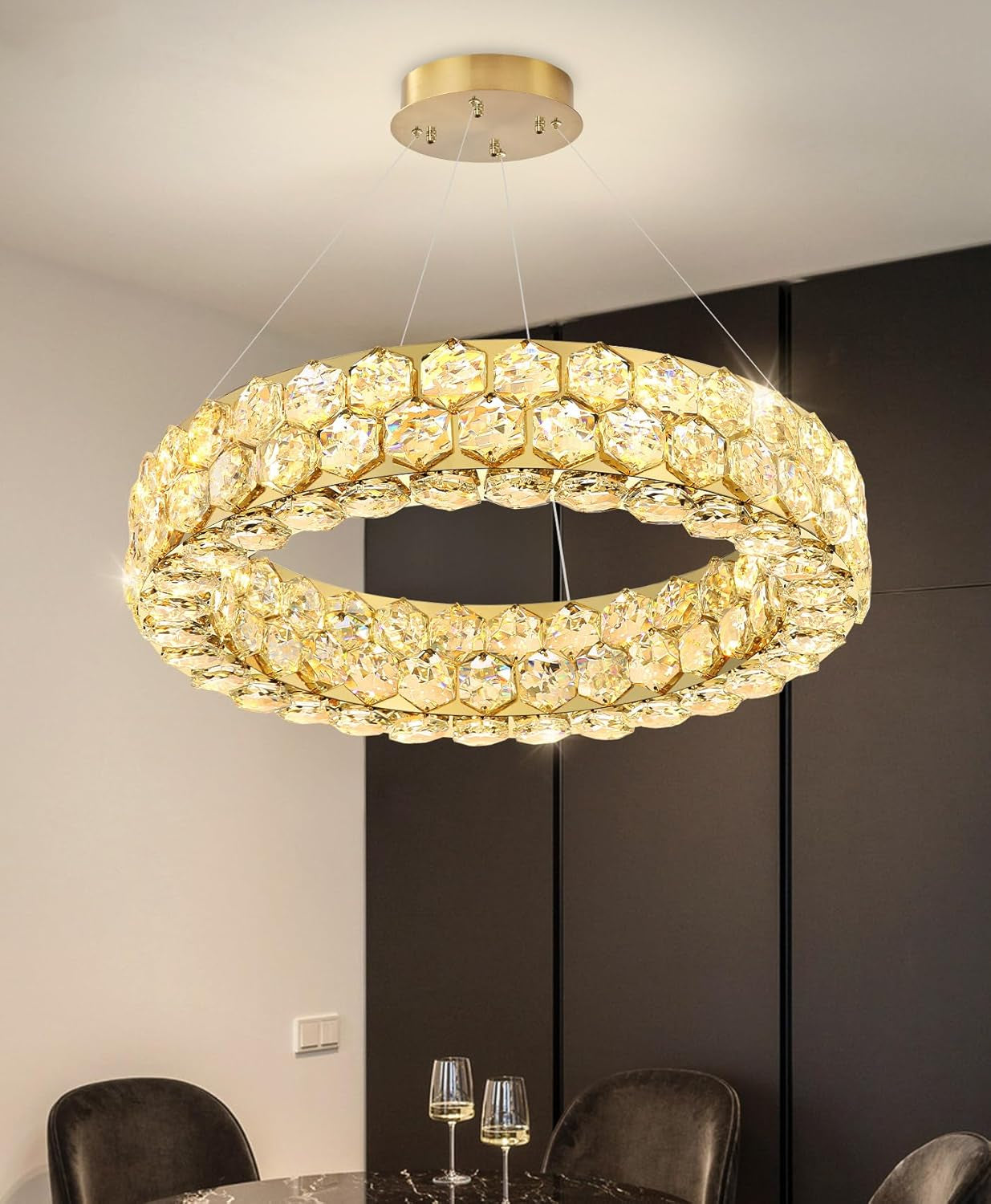 Modern 2-Ring Gold Crystal LED Chandelier