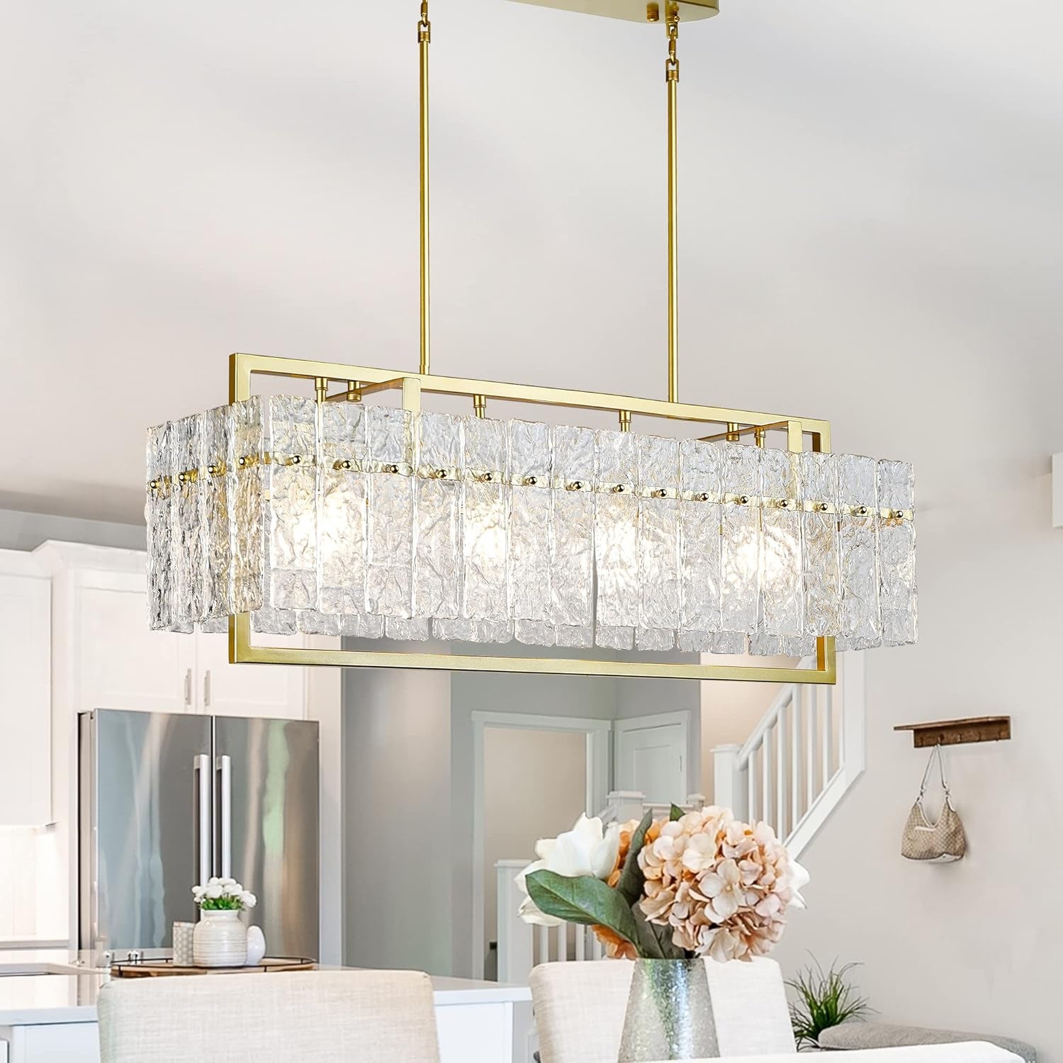 Modern Rectangle Gold Crystal Chandeliers for Dining Room, 42" Large Rectangular Water Ripple Glass Island Light Fixture, Elegant Linear Lighting for Kitchen Island, Living Room, L42 X W11 X H12