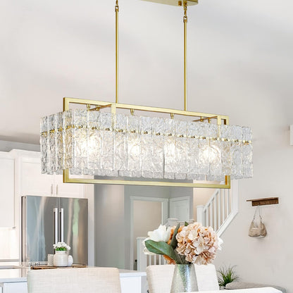 Modern Rectangle Gold Crystal Chandeliers for Dining Room, 42" Large Rectangular Water Ripple Glass Island Light Fixture, Elegant Linear Lighting for Kitchen Island, Living Room, L42 X W11 X H12