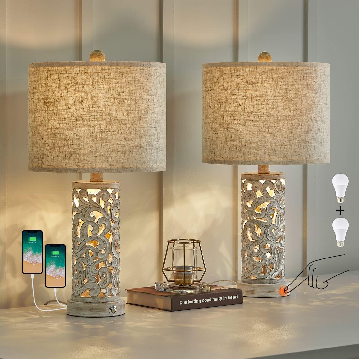 22” 3-Way USB Touch Table Lamp Set of 2