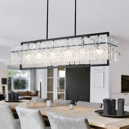 Modern Rectangle Gold Crystal Chandeliers for Dining Room, 42" Large Rectangular Water Ripple Glass Island Light Fixture, Elegant Linear Lighting for Kitchen Island, Living Room, L42 X W11 X H12