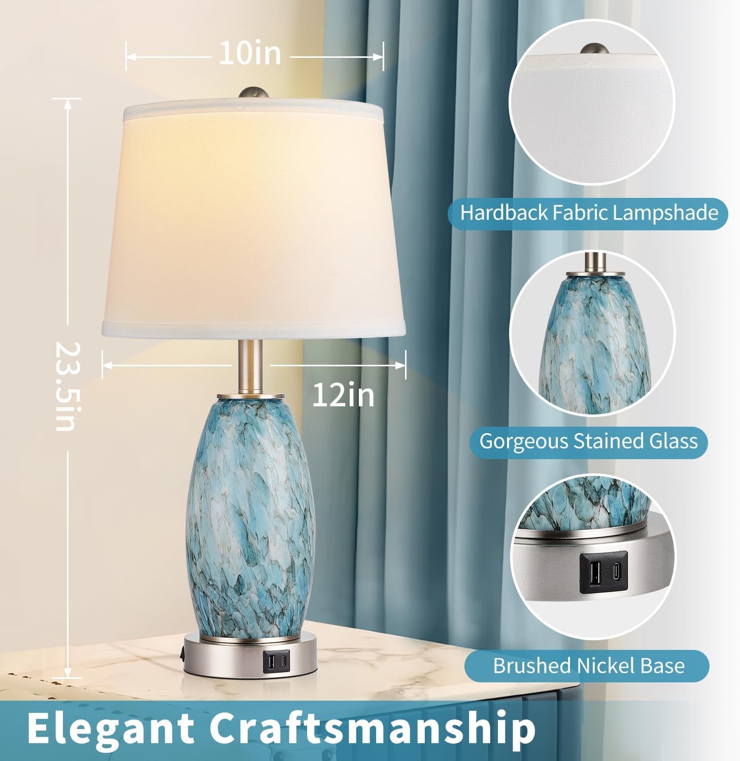 Coastal Glass Table Lamp Set of 2 – USB Ports