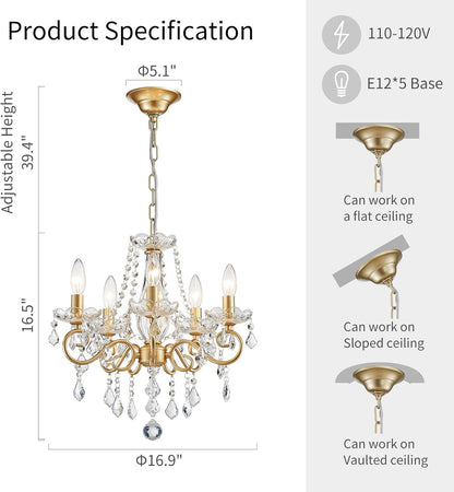 Mini Gold Crystal Chandelier – 5-Light, K9