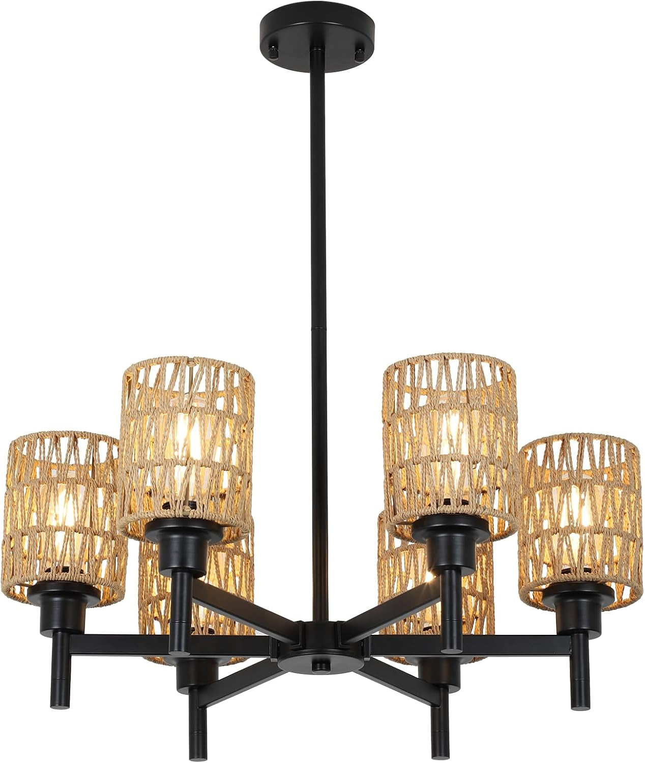 Rattan Farmhouse Chandelier – Black Boho Pendant