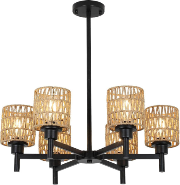 Rattan Farmhouse Chandelier – Black Boho Pendant