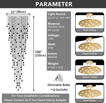 98" Gold Modern Crystal Raindrop Chandelier