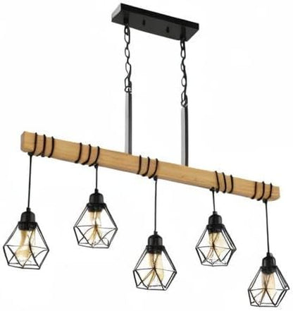 5-Light Farmhouse Chandelier – Wood & Black Frame