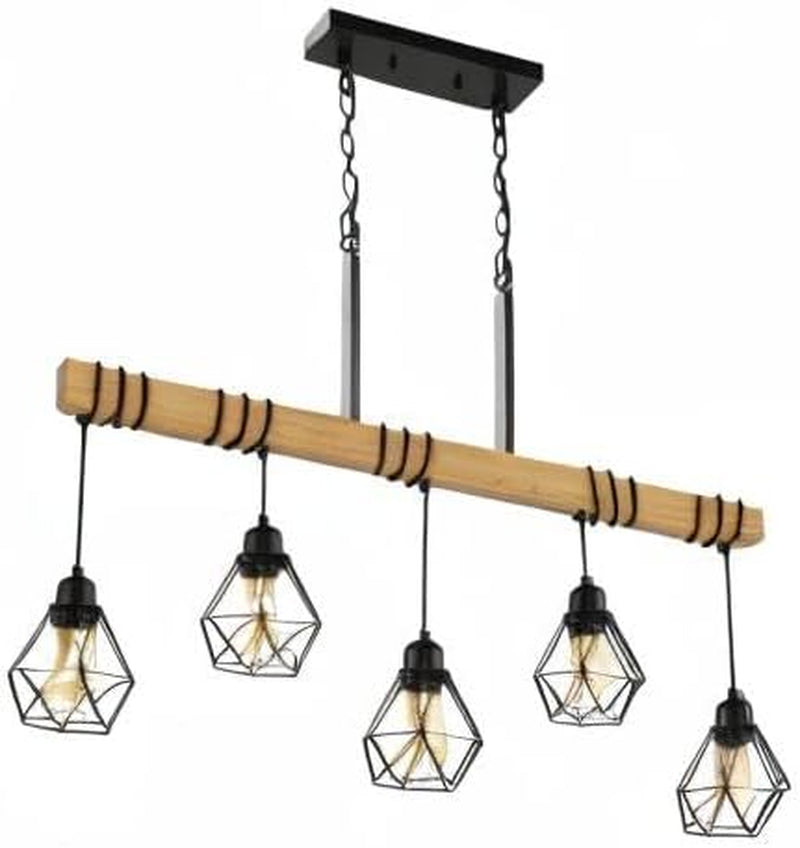 5-Light Farmhouse Chandelier – Wood & Black Frame