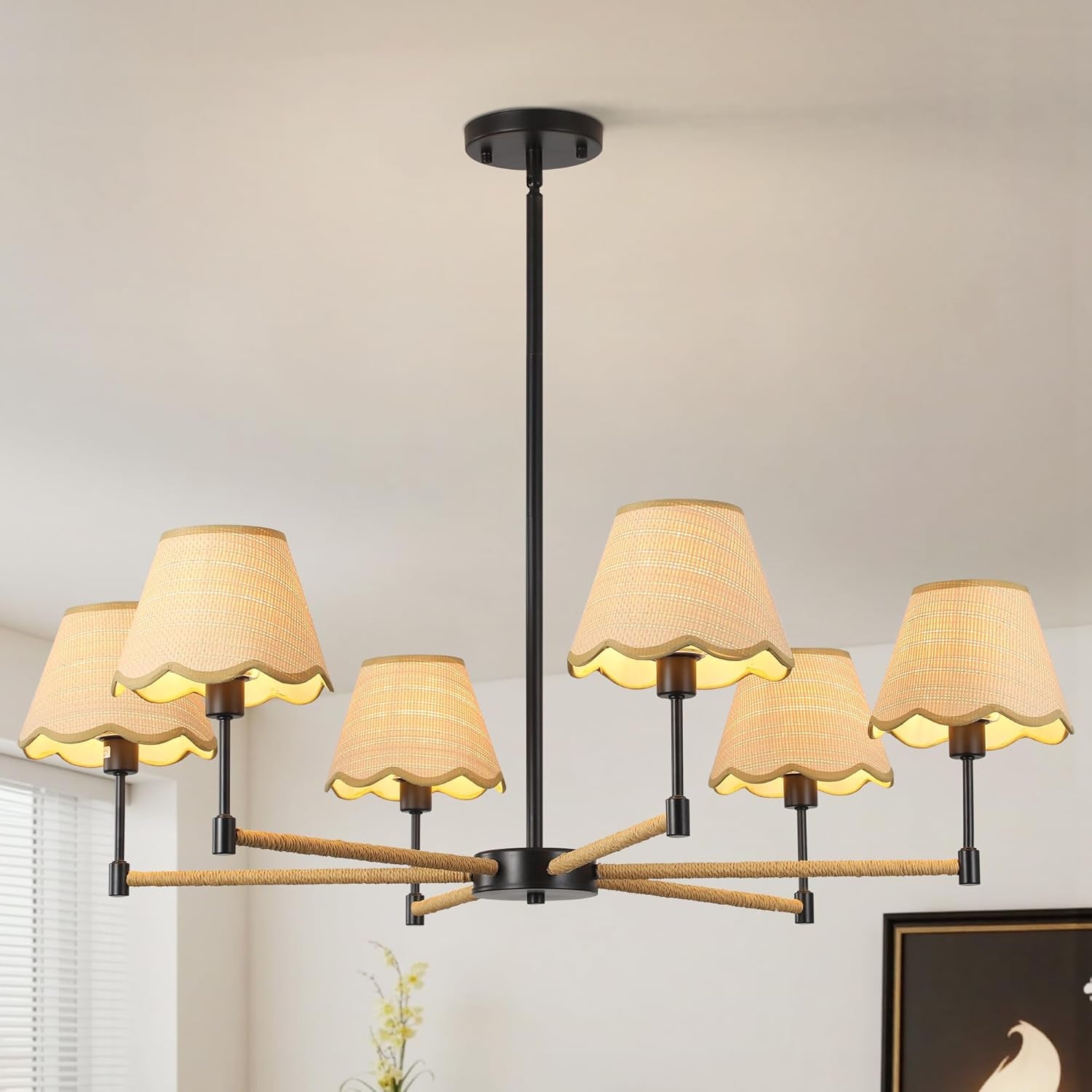 6-Light Boho Rattan Chandelier – Black Pendant