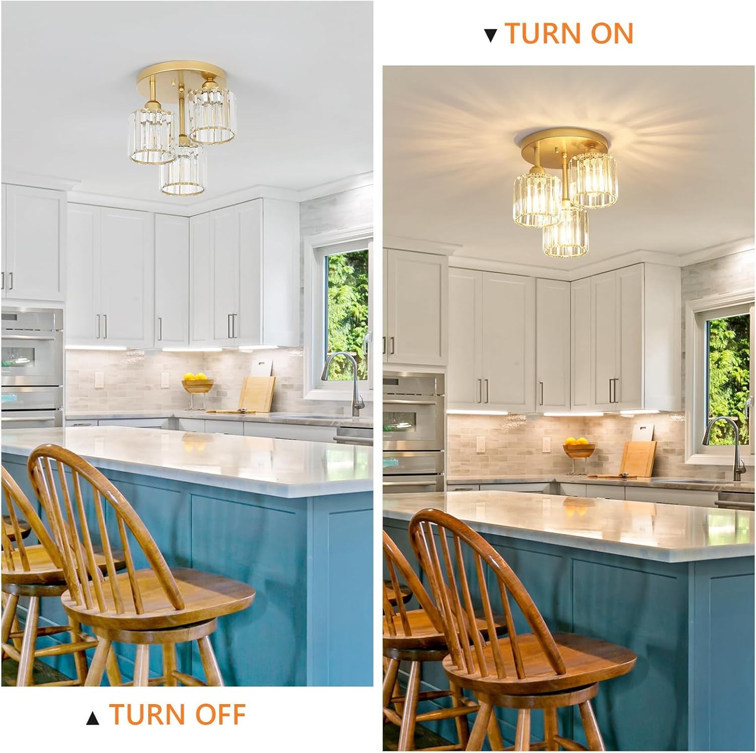 3-Light Modern Crystal Semi Flush Mount Ceiling Light – Gold Finish