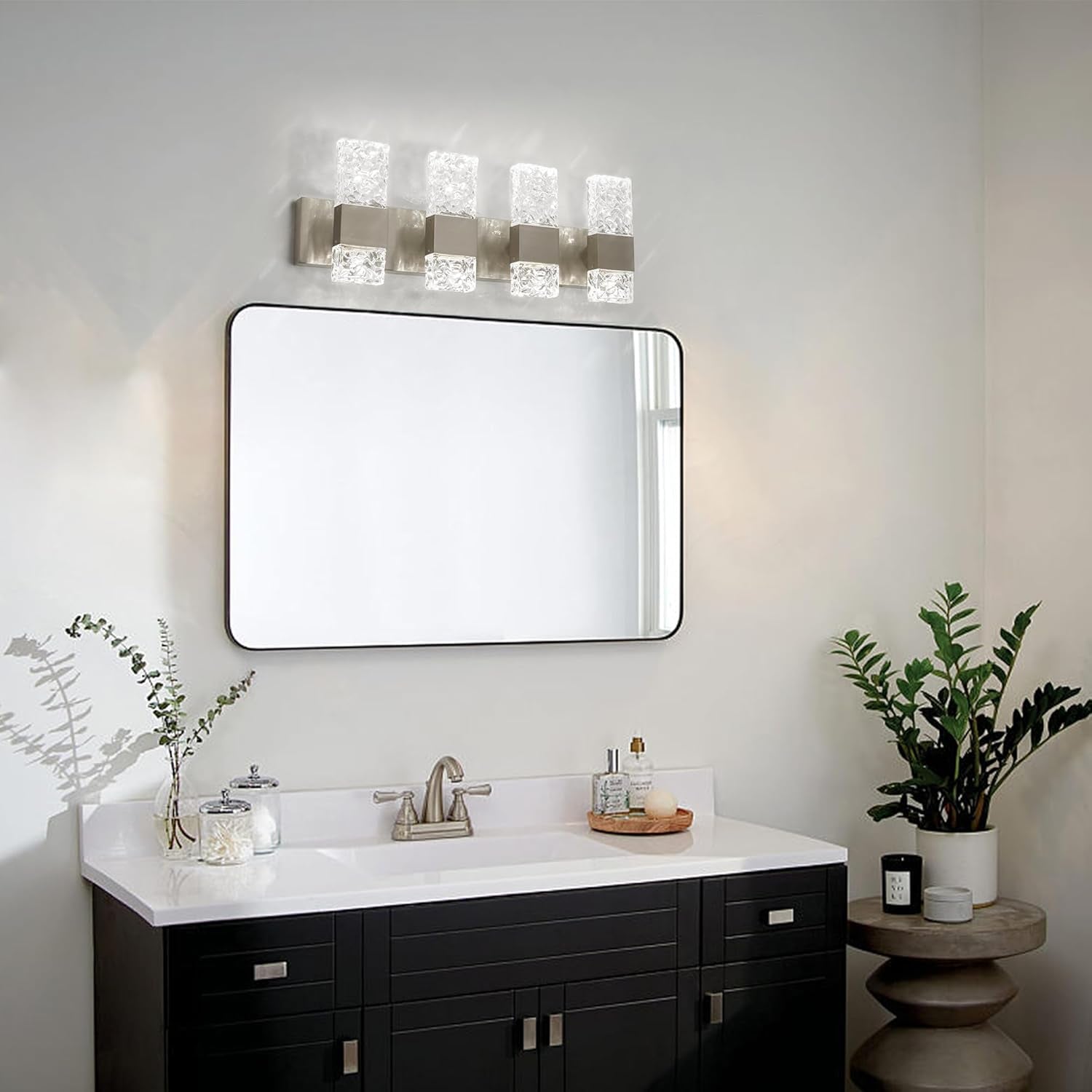 4-Light Brushed Nickel Crystal LED Bathroom Vanity Light