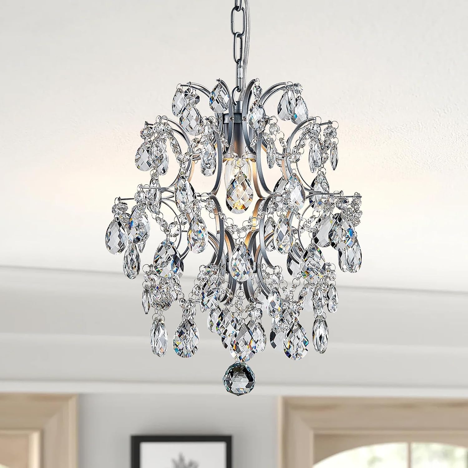 Gold Modern Pendant Chandelier Crystal Raindrop Lighting Ceiling Light Fixture Lamp for Dining Room Bathroom Bedroom Livingroom Entryway 1 E26 Bulbs Required D13 in X H16 In