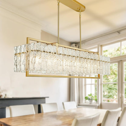 Modern Rectangle Gold Crystal Chandeliers for Dining Room, 42" Large Rectangular Water Ripple Glass Island Light Fixture, Elegant Linear Lighting for Kitchen Island, Living Room, L42 X W11 X H12