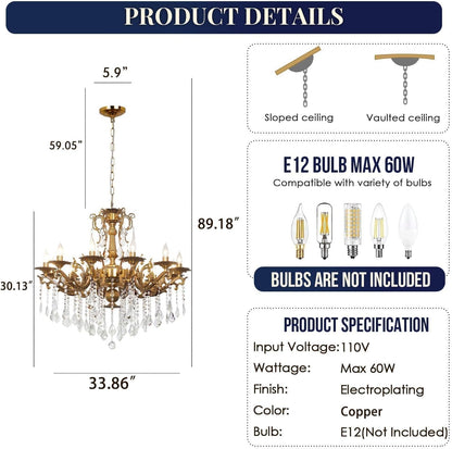 Vintage 12-Light Crystal Candle Chandelier 34"