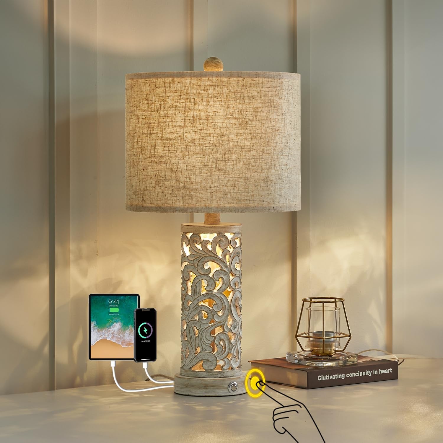 22” 3-Way USB Touch Table Lamp Set of 2