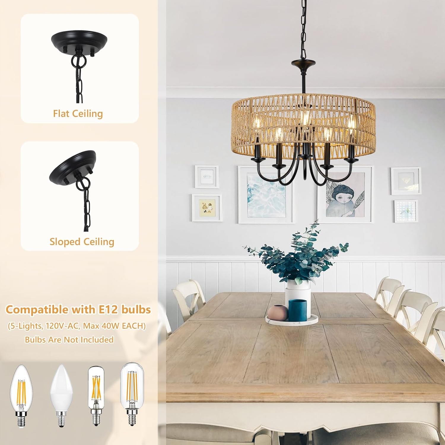 5-Light Rattan Chandelier – Boho Farmhouse Style