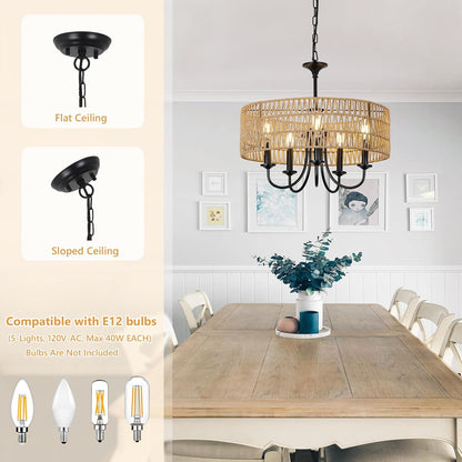 5-Light Rattan Chandelier – Boho Farmhouse Style