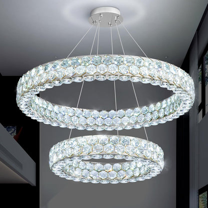 Modern 2-Ring Gold Crystal LED Chandelier