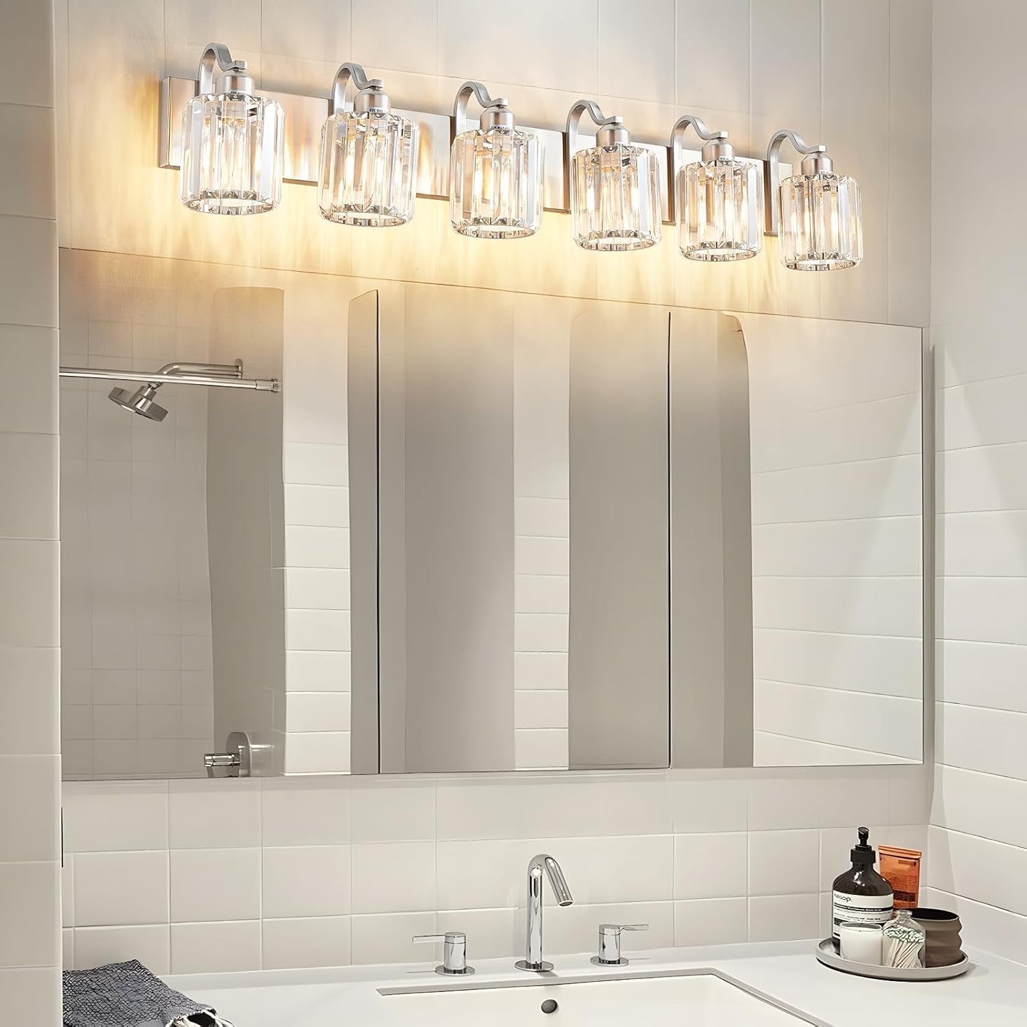 6-Light Brushed Nickel Crystal Bathroom Vanity Light
