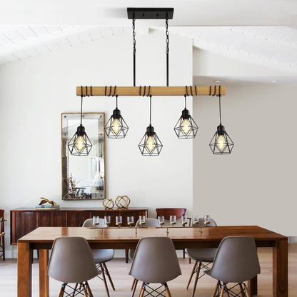5-Light Farmhouse Chandelier – Wood & Black Frame