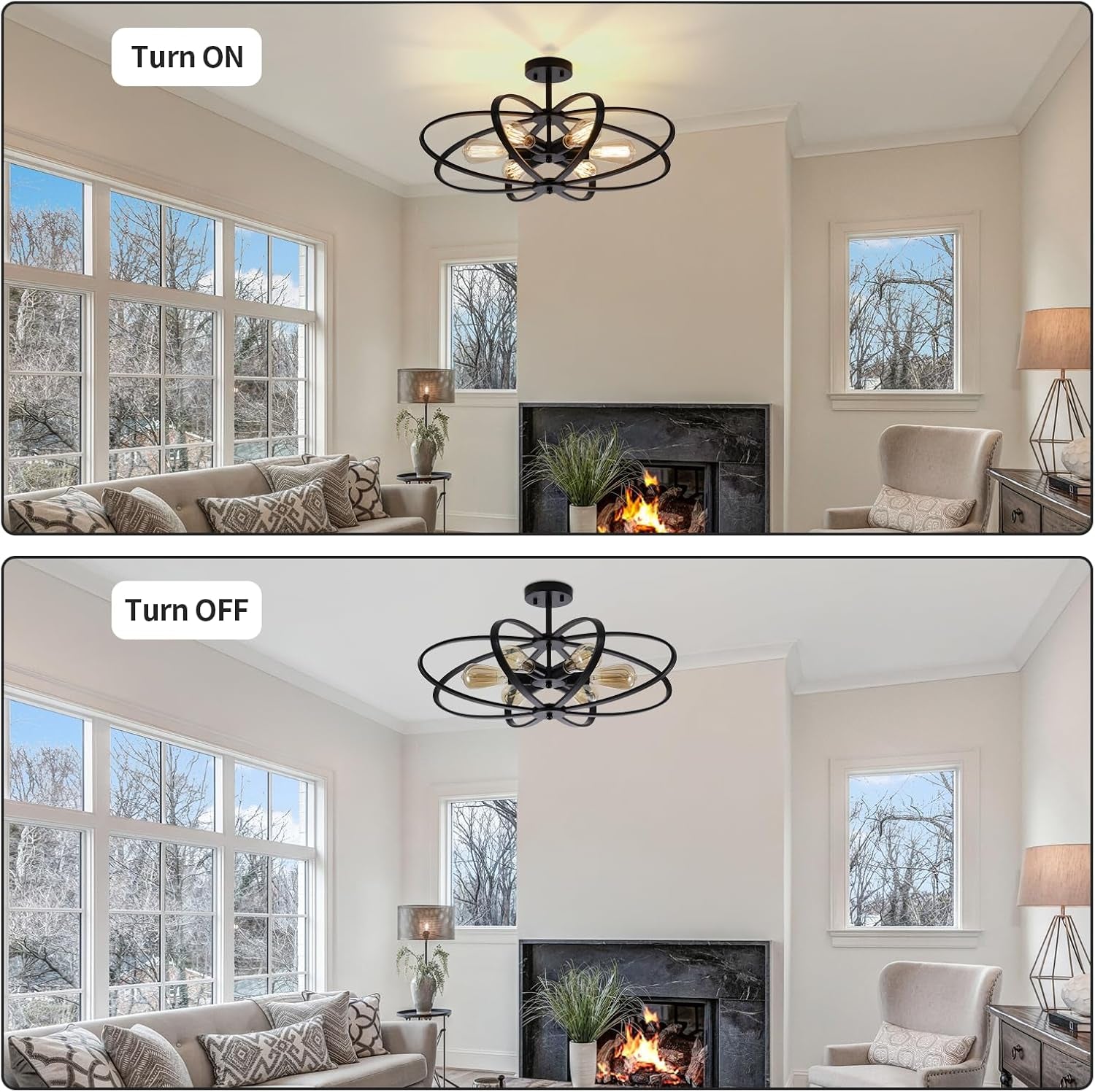 25" 6-Light Black Farmhouse Semi Flush Mount Chandelier