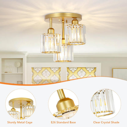 3-Light Modern Crystal Semi Flush Mount Ceiling Light – Gold Finish
