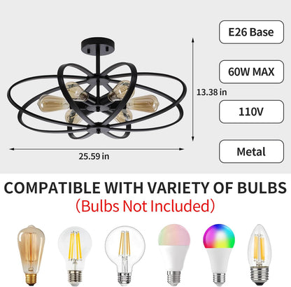25" 6-Light Black Farmhouse Semi Flush Mount Chandelier