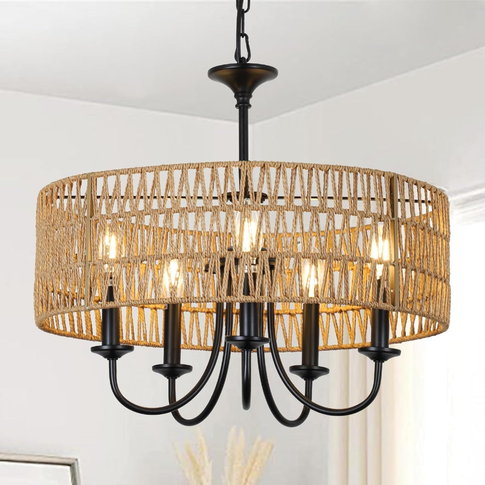 5-Light Rattan Chandelier – Boho Farmhouse Style