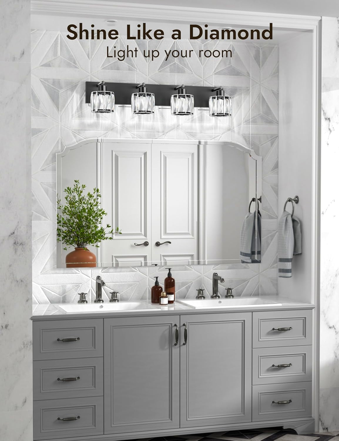 4-Light Matte Black Crystal Bathroom Vanity Light