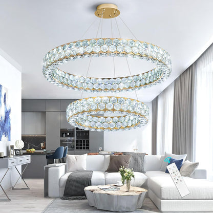 Modern 2-Ring Gold Crystal LED Chandelier