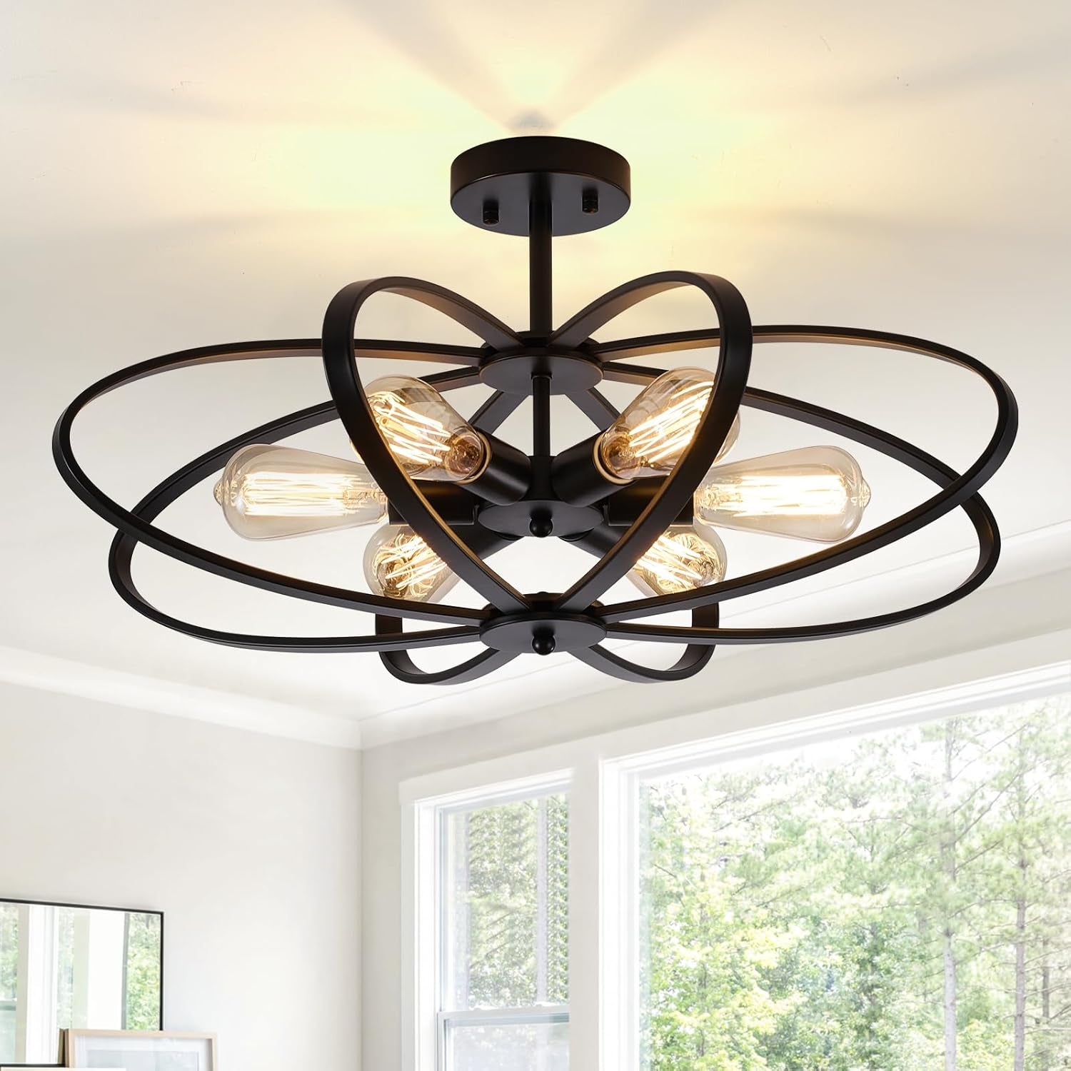 25" 6-Light Black Farmhouse Semi Flush Mount Chandelier