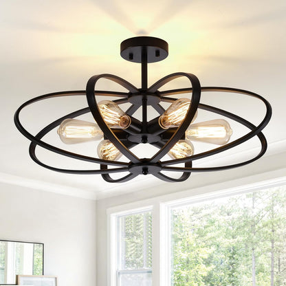 25" 6-Light Black Farmhouse Semi Flush Mount Chandelier