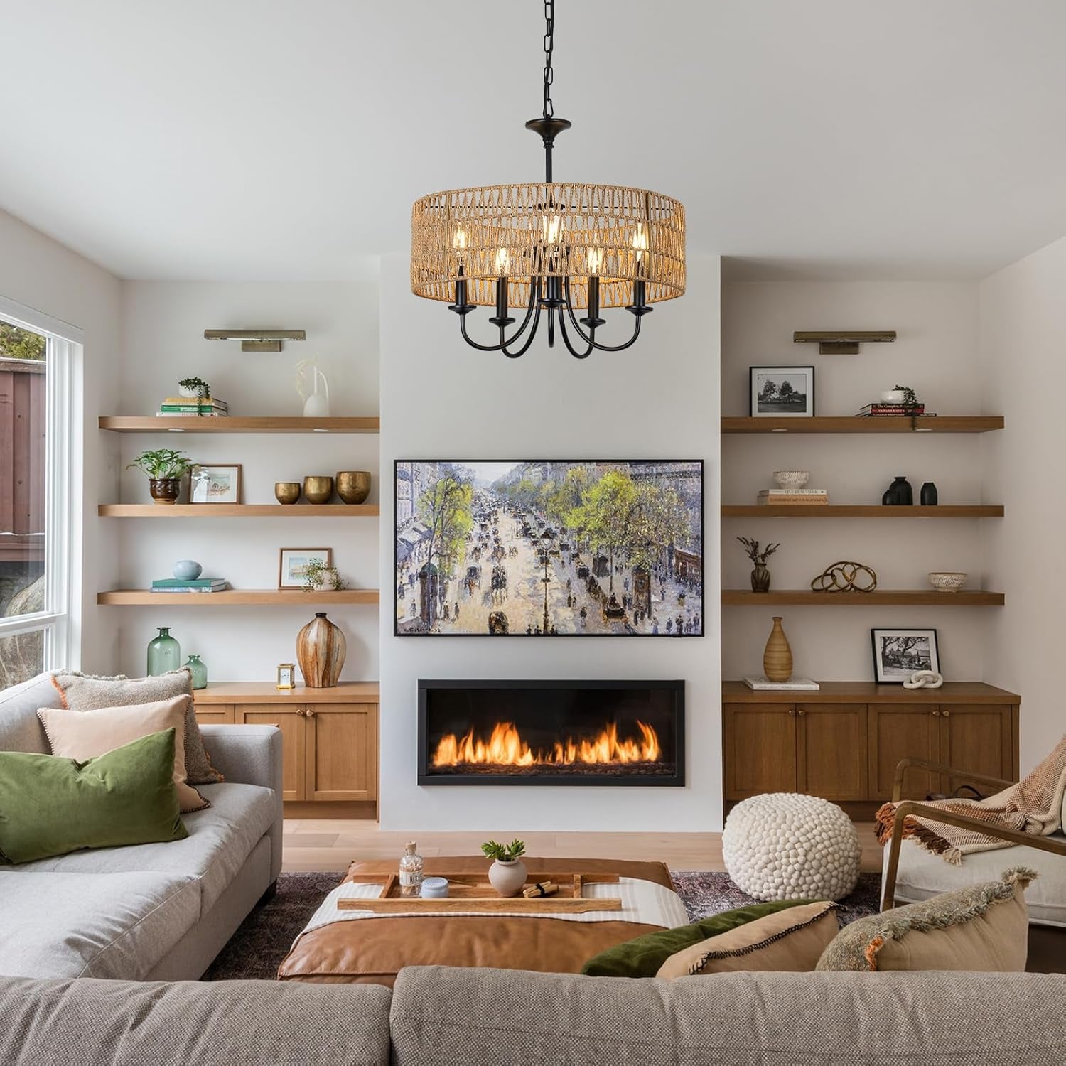 5-Light Rattan Chandelier – Boho Farmhouse Style