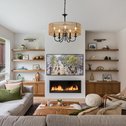 5-Light Rattan Chandelier – Boho Farmhouse Style