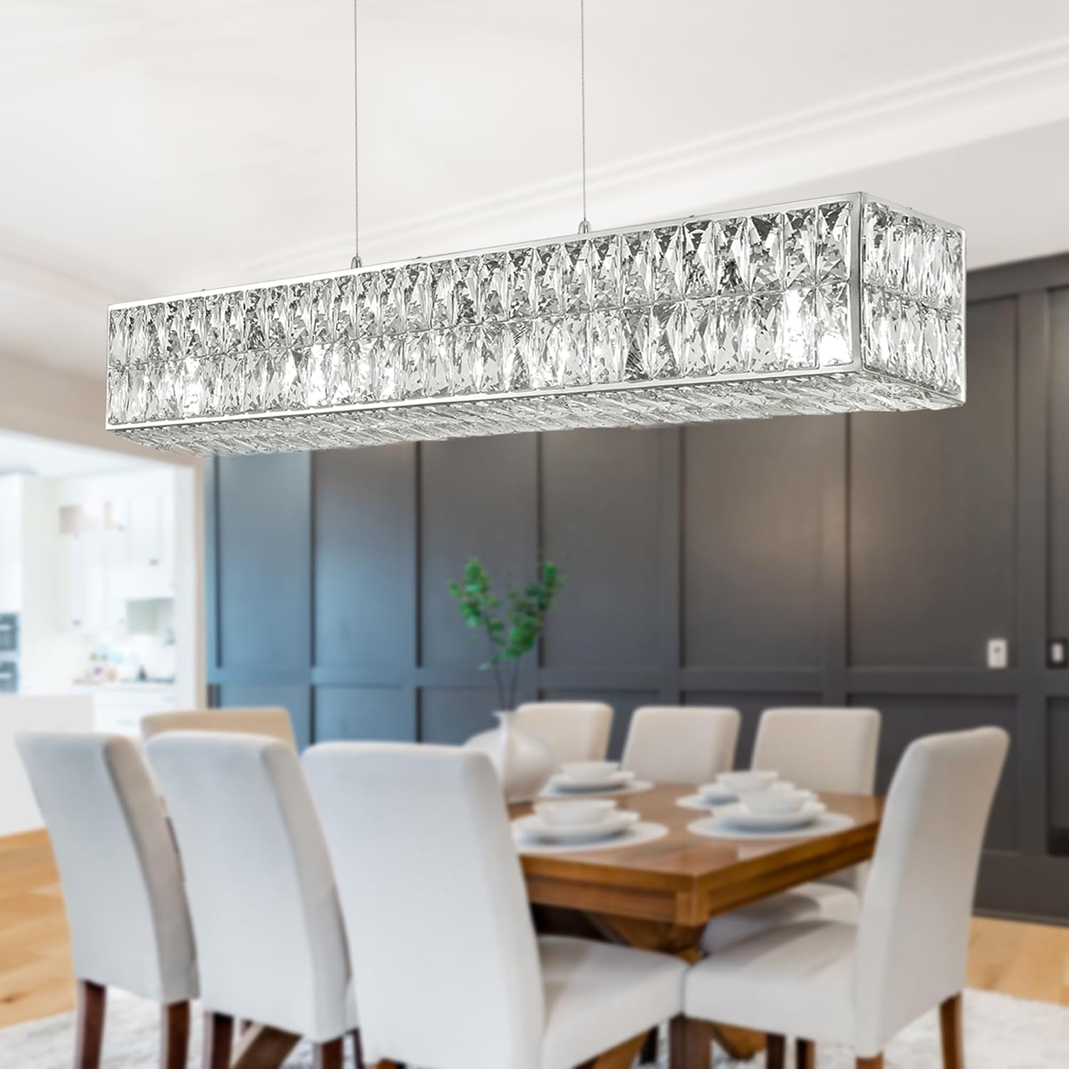 Modern Rectangle Gold Crystal Chandeliers for Dining Room, 42" Large Rectangular Water Ripple Glass Island Light Fixture, Elegant Linear Lighting for Kitchen Island, Living Room, L42 X W11 X H12