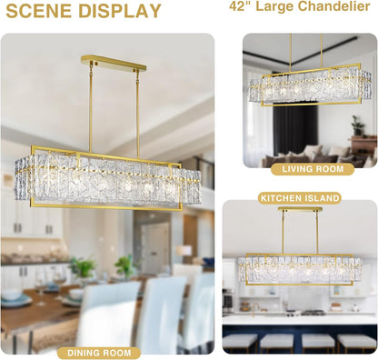 Modern Rectangle Gold Crystal Chandeliers for Dining Room, 42" Large Rectangular Water Ripple Glass Island Light Fixture, Elegant Linear Lighting for Kitchen Island, Living Room, L42 X W11 X H12