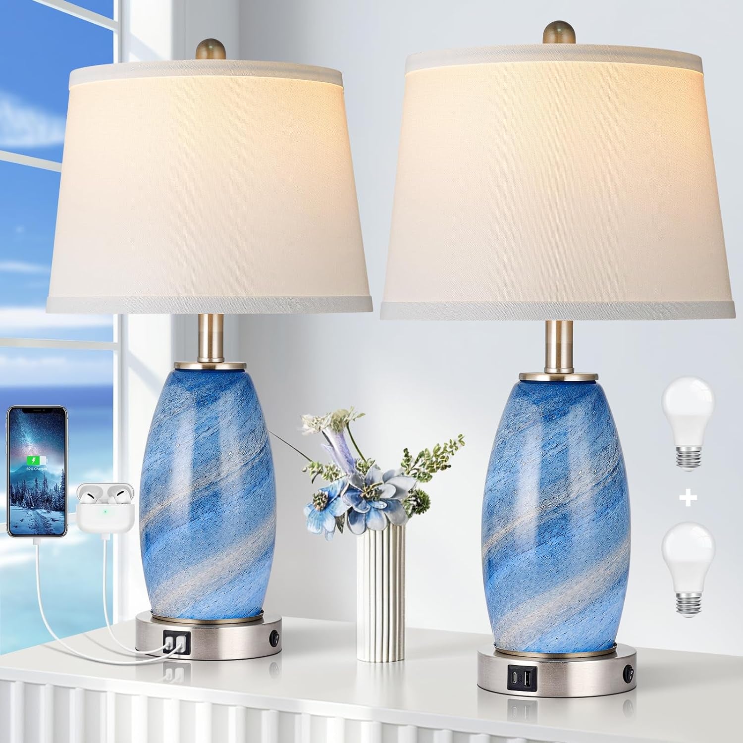 Coastal Glass Table Lamp Set of 2 – USB Ports