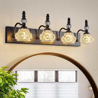3-Light Black Crystal Bathroom Vanity Light