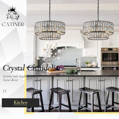 20" Black Crystal Drum Chandelier – 6-Light Semi Flush Mount