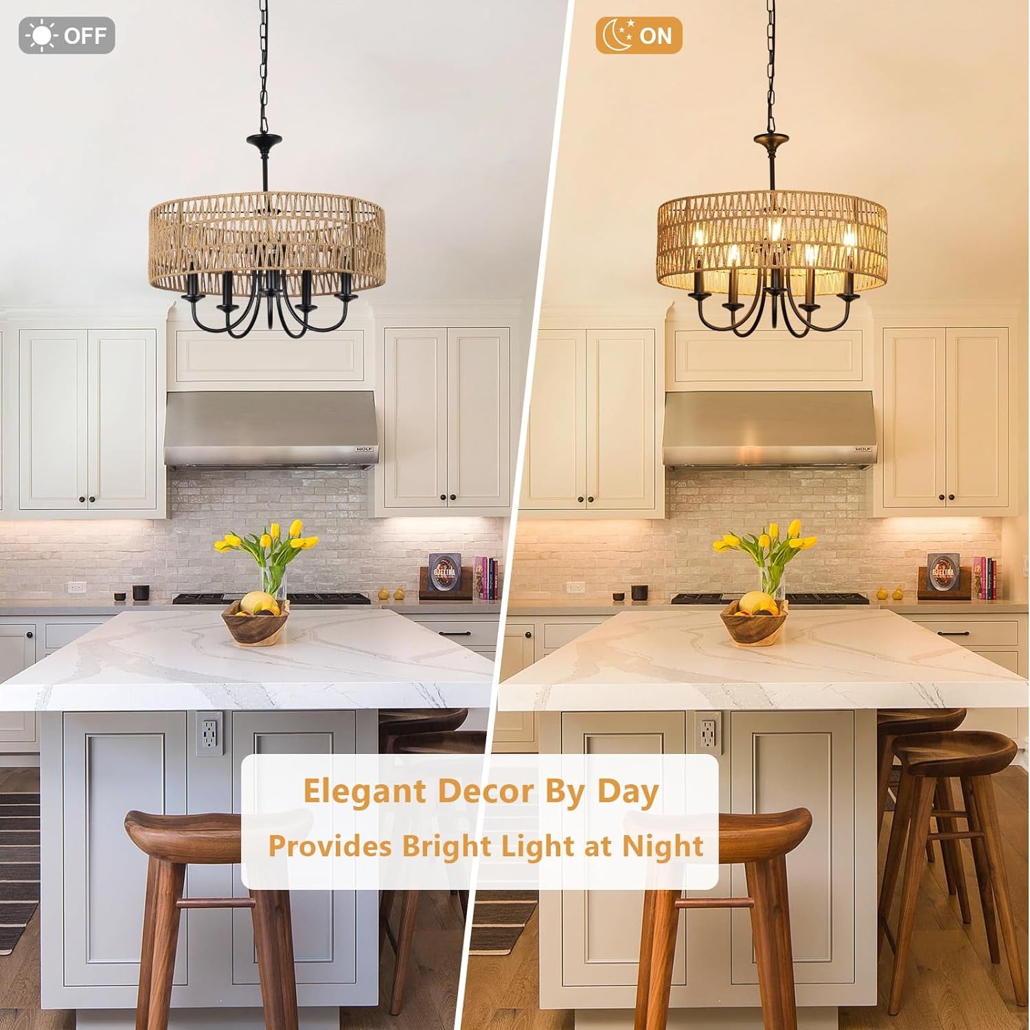 5-Light Rattan Chandelier – Boho Farmhouse Style